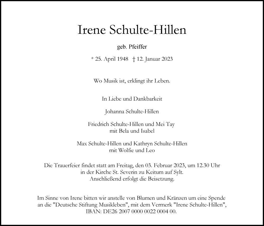  Traueranzeige für Irene Schulte-Hillen vom 21.01.2023 aus Hamburger Abendblatt