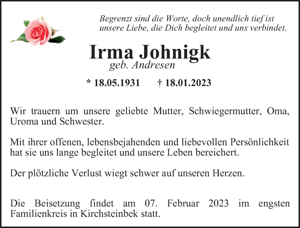  Traueranzeige für Irma Johnigk vom 28.01.2023 aus Billstedt/Horn