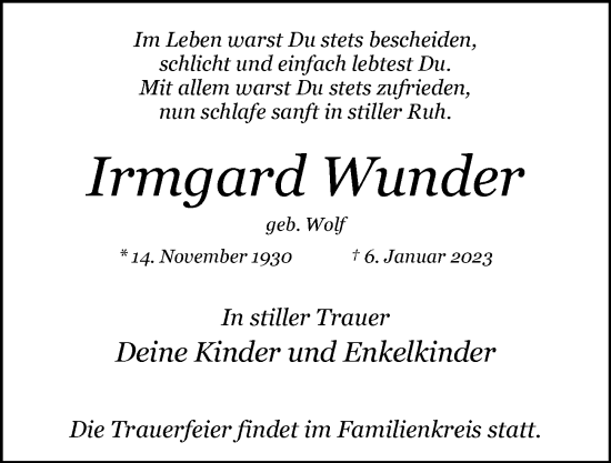 Traueranzeige von Irmgard Wunder von Niendorfer Wochenblatt