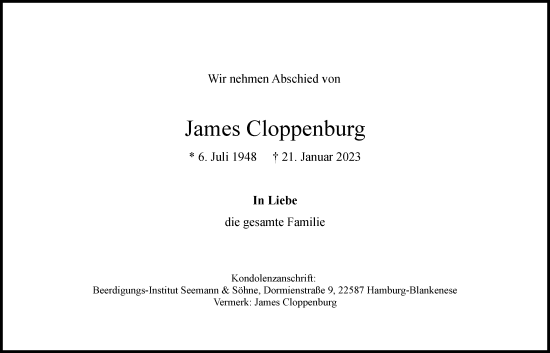 Traueranzeige von James Cloppenburg von Hamburger Abendblatt