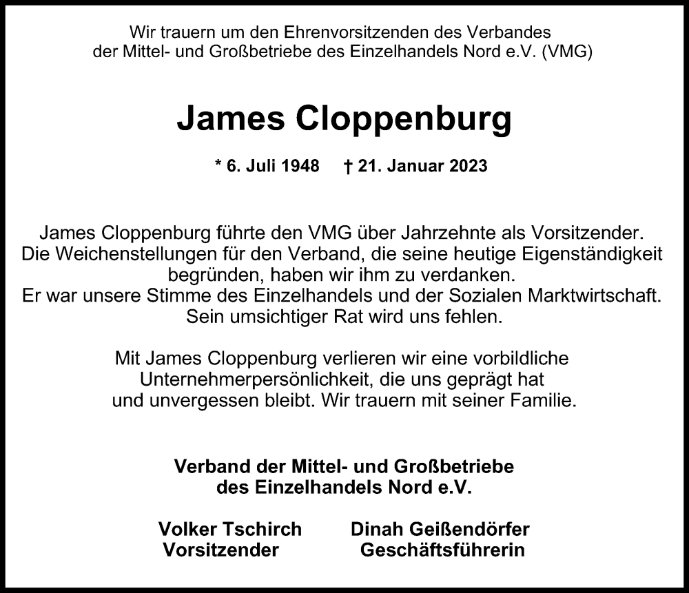  Traueranzeige für James Cloppenburg vom 28.01.2023 aus Hamburger Abendblatt