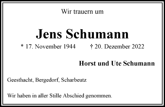 Traueranzeige von Jens Schumann von Bergedorfer Zeitung