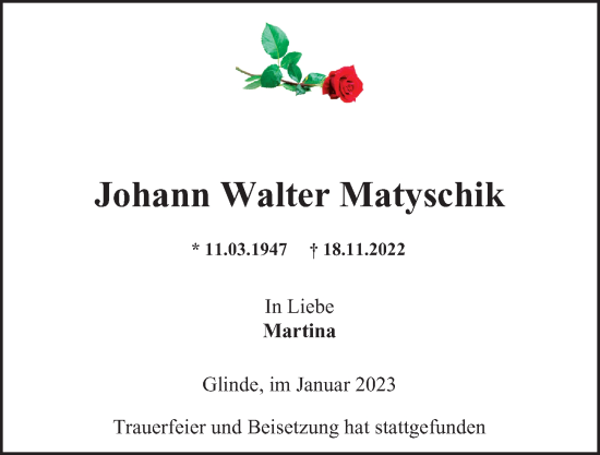 Traueranzeige von Johann Walter Matyschik von Glinder Zeitung