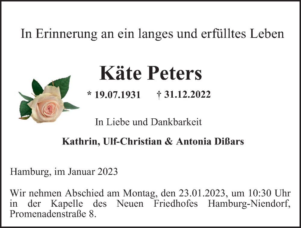  Traueranzeige für Käte Peters vom 21.01.2023 aus Niendorfer Wochenblatt