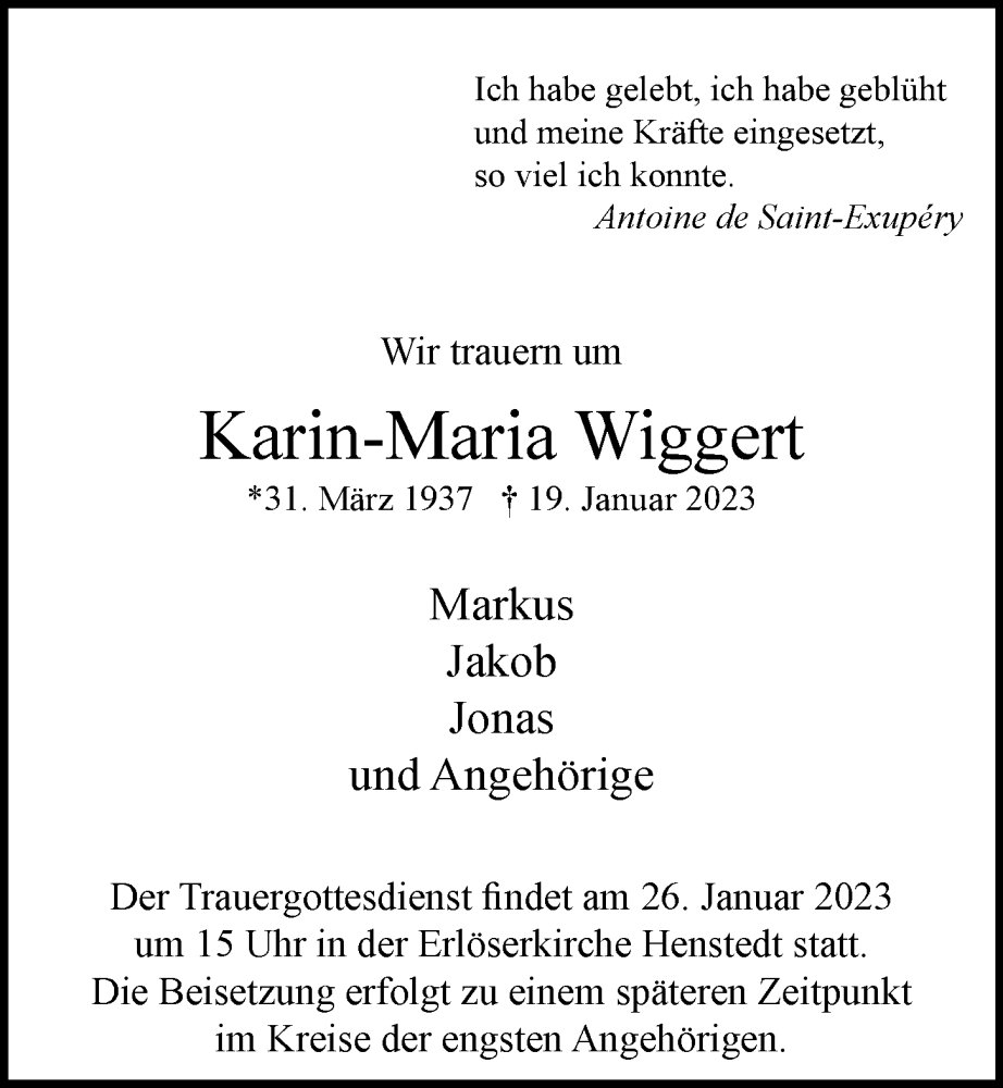  Traueranzeige für Karin-Maria Wiggert vom 24.01.2023 aus Hamburger Abendblatt