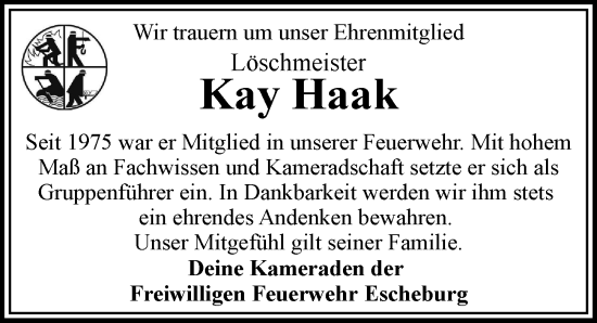 Traueranzeige von Kay Haak von Bergedorfer Zeitung