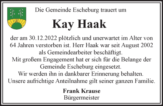 Traueranzeige von Kay Haak von Bergedorfer Zeitung