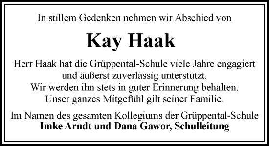 Traueranzeige von Kay Haak von Bergedorfer Zeitung