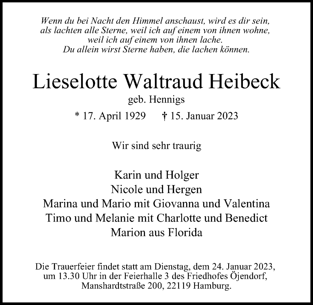  Traueranzeige für Lieselotte Waltraud Heibeck vom 21.01.2023 aus Hamburger Abendblatt