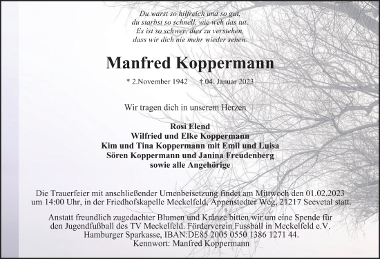 Traueranzeige von Manfred Koppermann von HA Regio Harburg