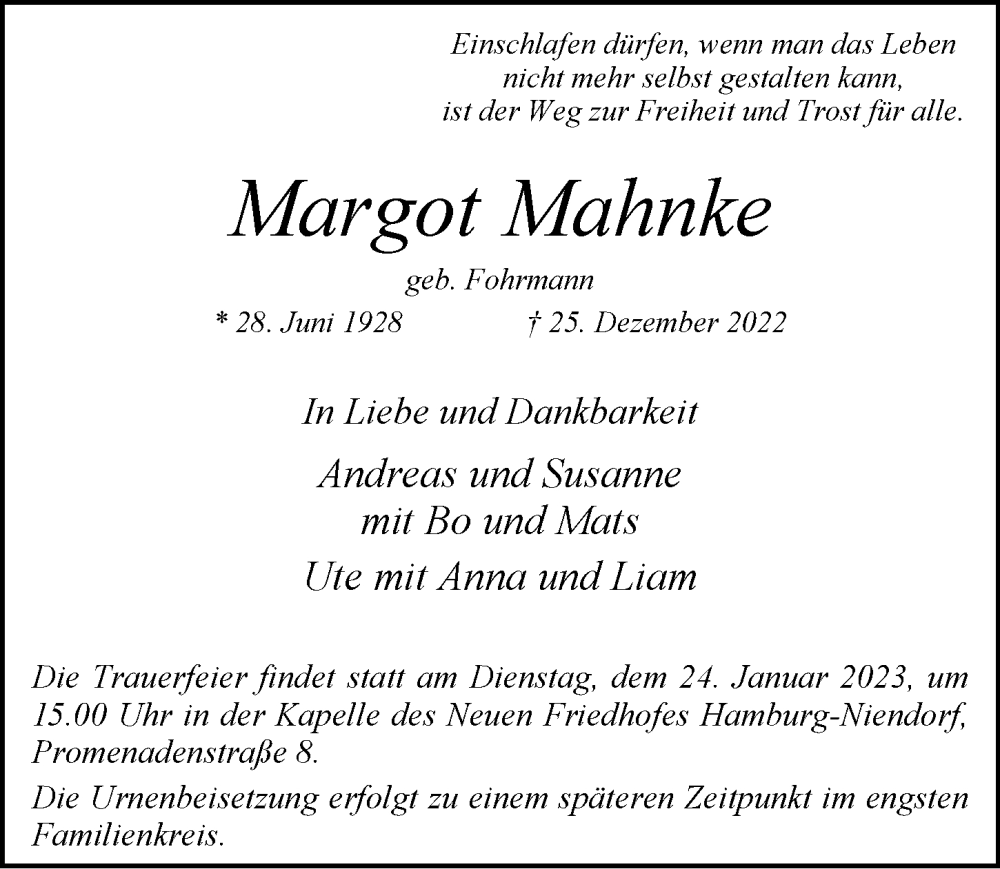  Traueranzeige für Margot Mahnke vom 14.01.2023 aus Niendorfer Wochenblatt