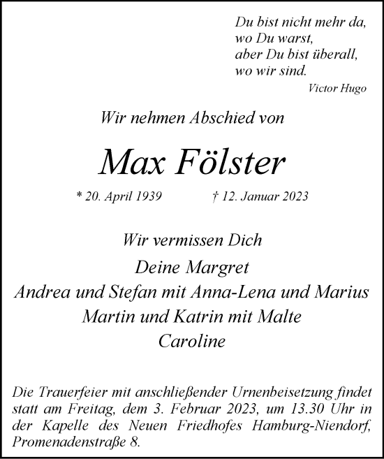 Traueranzeige von Max Fölster von Hamburger Abendblatt