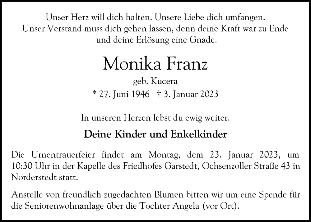  Traueranzeige für Monika Franz vom 21.01.2023 aus Langenhorn
