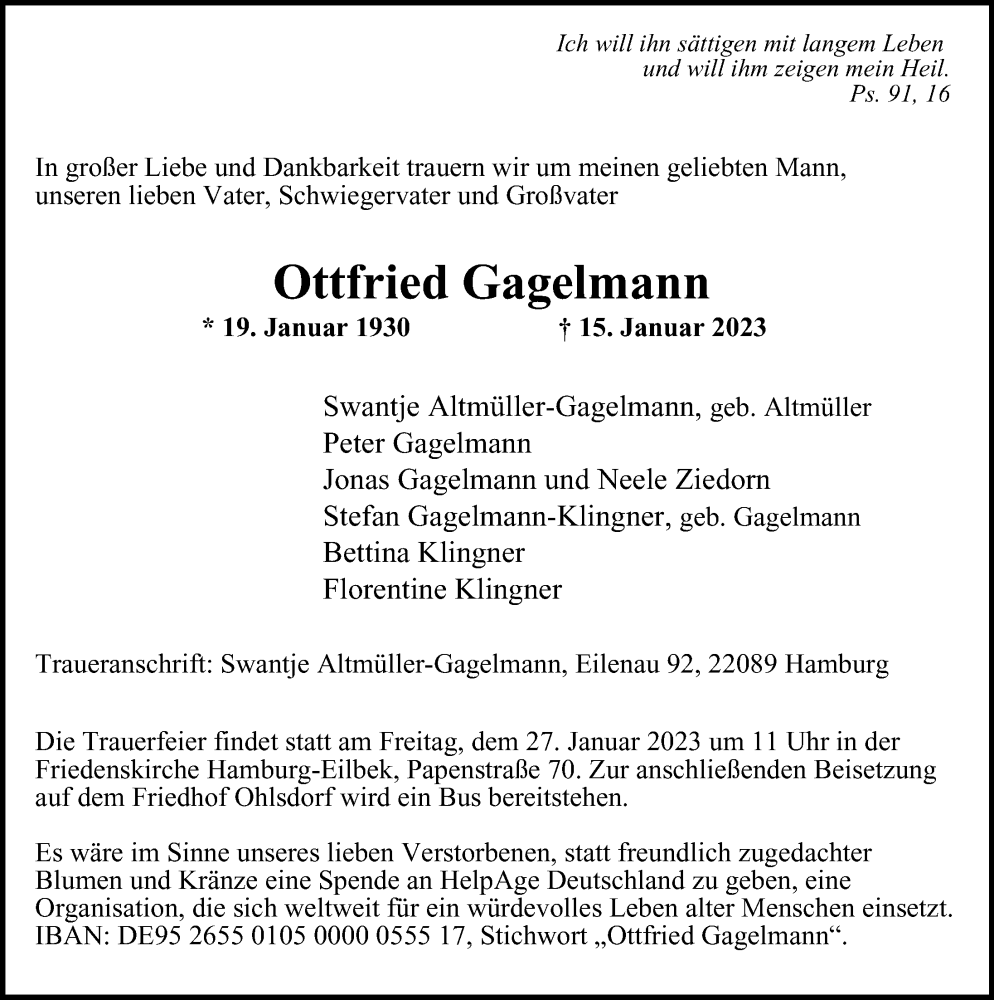  Traueranzeige für Ottfried Gagelmann vom 21.01.2023 aus Hamburger Abendblatt