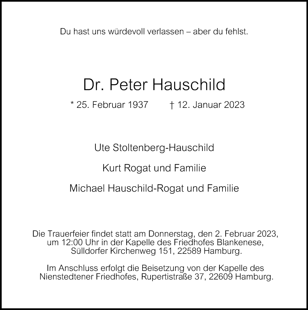  Traueranzeige für Peter Hauschild vom 21.01.2023 aus Hamburger Abendblatt