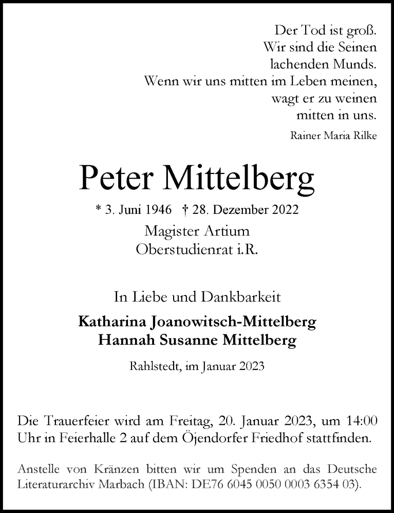  Traueranzeige für Peter Mittelberg vom 14.01.2023 aus Wandsbek/Rahlstedt/Jenfeld/Farmsen