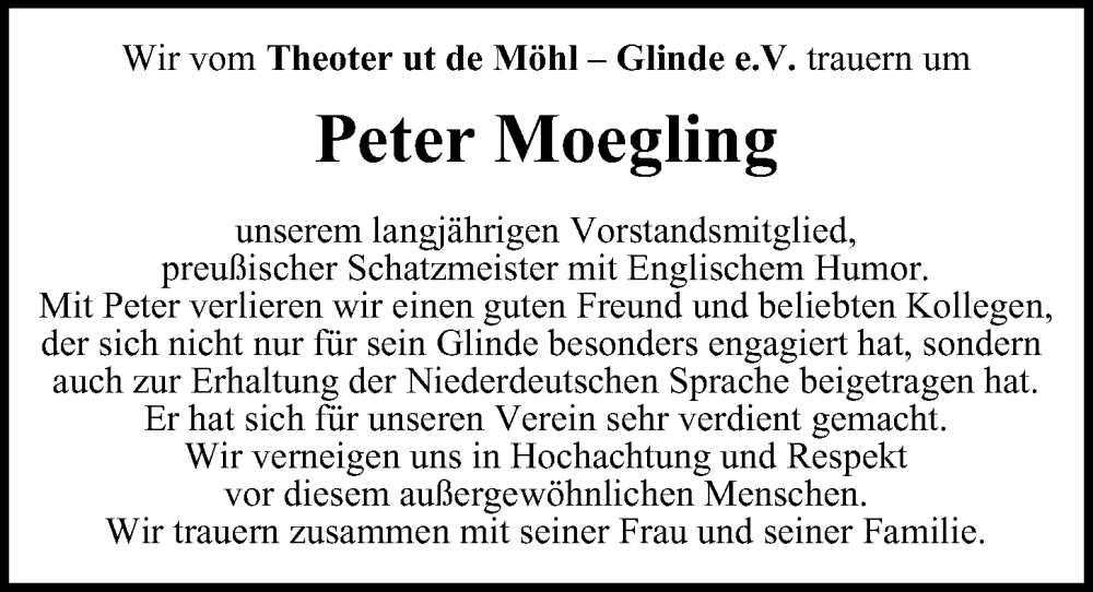  Traueranzeige für Peter Moegling vom 18.01.2023 aus Glinder Zeitung