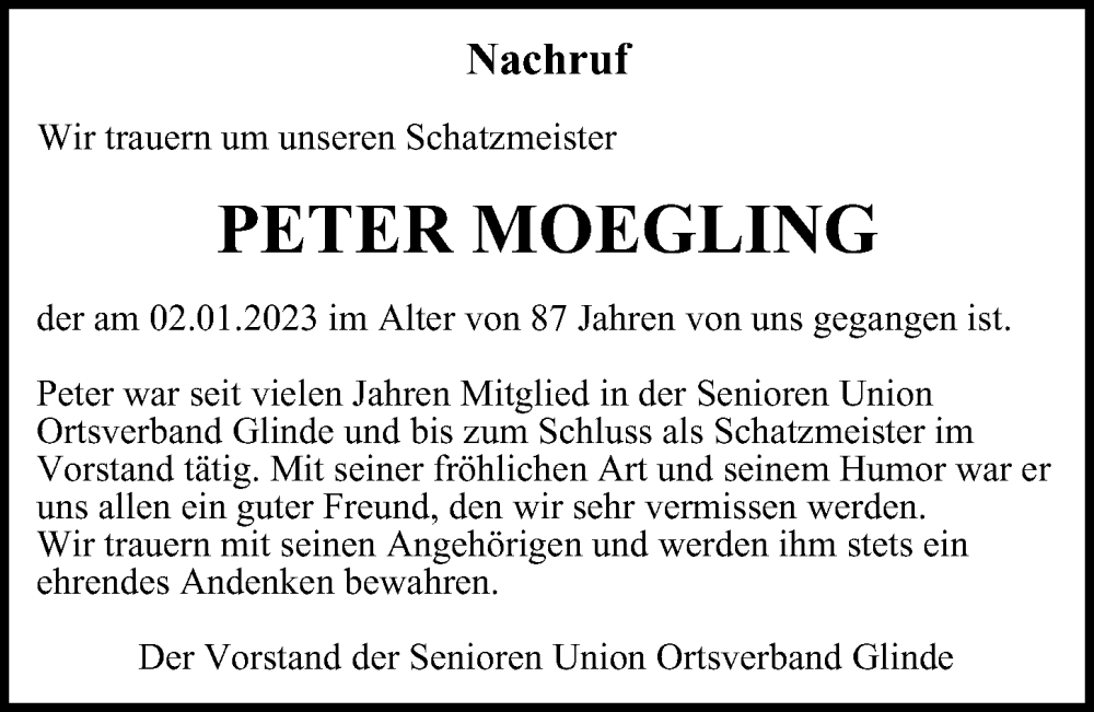  Traueranzeige für Peter Moegling vom 18.01.2023 aus Glinder Zeitung