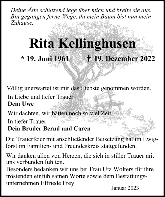 Traueranzeige von Rita Kellinghusen von Bergedorfer Zeitung