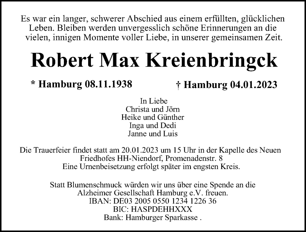  Traueranzeige für Robert Max Kreienbringck vom 14.01.2023 aus Niendorfer Wochenblatt