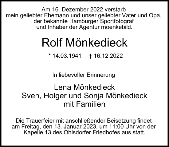 Traueranzeige von Rolf Mönkedieck von Hamburger Abendblatt