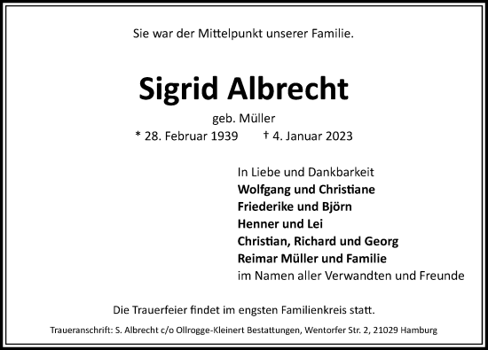 Traueranzeige von Sigrid Albrecht von Bille Wochenblatt, Bergedorfer Zeitung