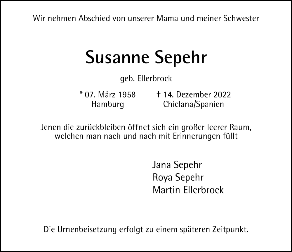 Traueranzeige für Susanne Sepehr vom 07.01.2023 aus Hamburger Abendblatt