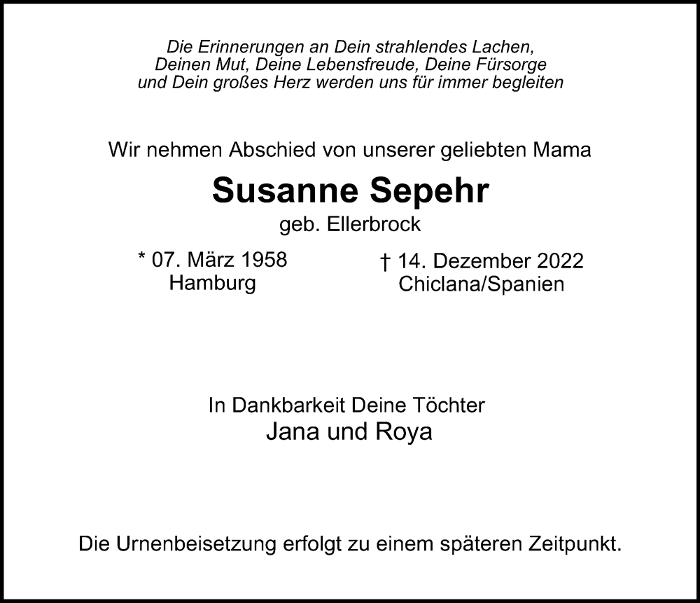  Traueranzeige für Susanne Sepehr vom 07.01.2023 aus Hamburger Abendblatt