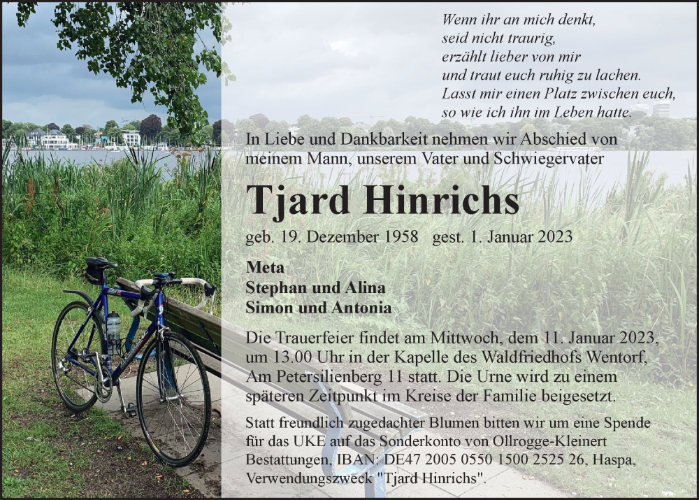  Traueranzeige für Tjard Hinrichs vom 07.01.2023 aus Bergedorfer Zeitung
