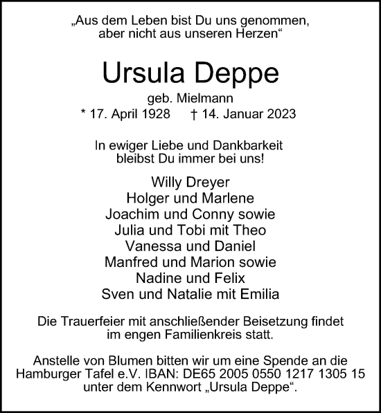 Traueranzeige von Ursula Deppe von Hamburger Abendblatt