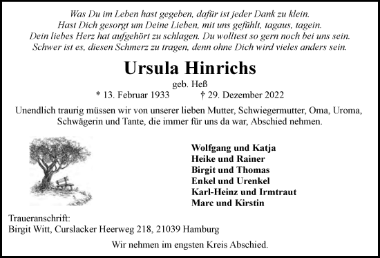 Traueranzeige von Ursula Hinrichs von Bille Wochenblatt, Bergedorfer Zeitung