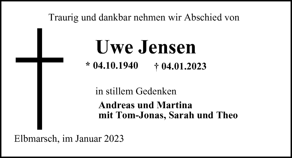  Traueranzeige für Uwe Jensen vom 17.01.2023 aus HA Regio Pinneberg