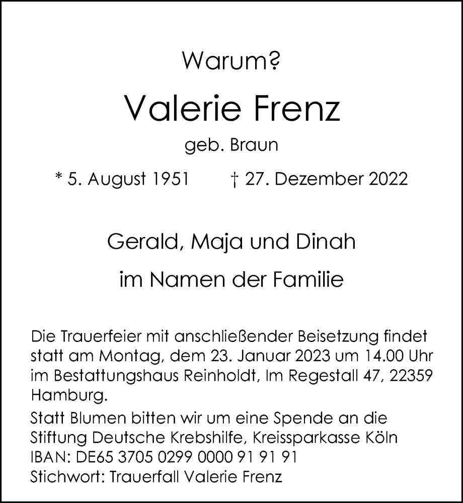  Traueranzeige für Valerie Frenz vom 14.01.2023 aus Hamburger Abendblatt