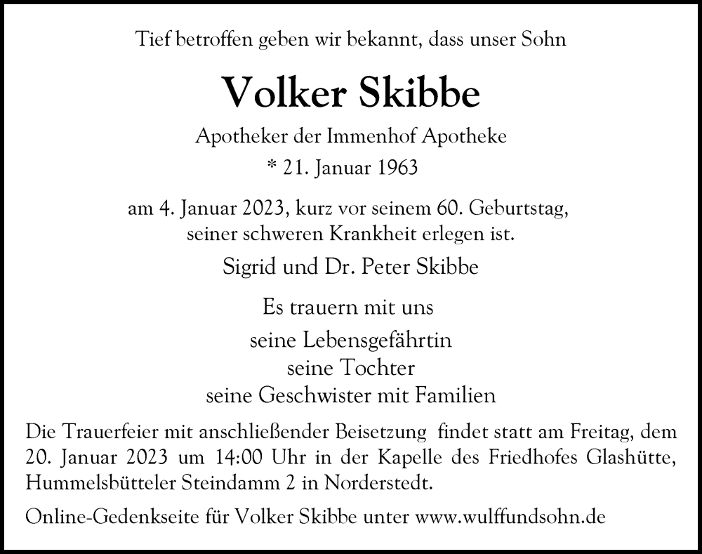  Traueranzeige für Volker Skibbe vom 14.01.2023 aus HA Regio Norderstedt