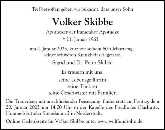 Traueranzeige von Volker Skibbe von HA Regio Norderstedt