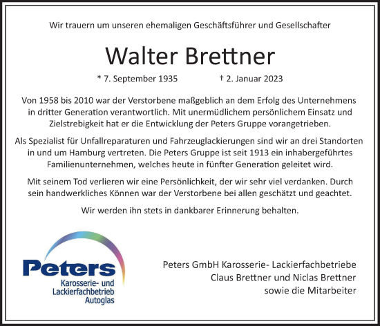 Traueranzeige von Walter Brettner von Bergedorfer Zeitung