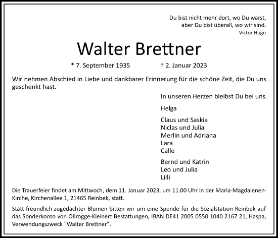 Traueranzeige von Walter Brettner von Bergedorfer Zeitung