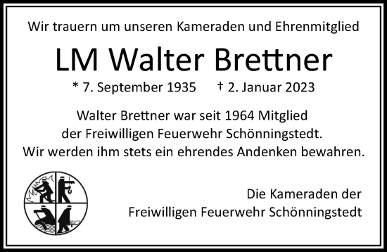 Traueranzeige von Walter Brettner von Bergedorfer Zeitung