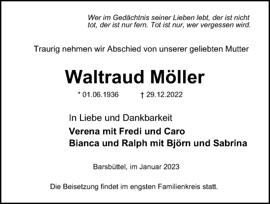 Traueranzeige von Waltraud Möller von Glinder Zeitung