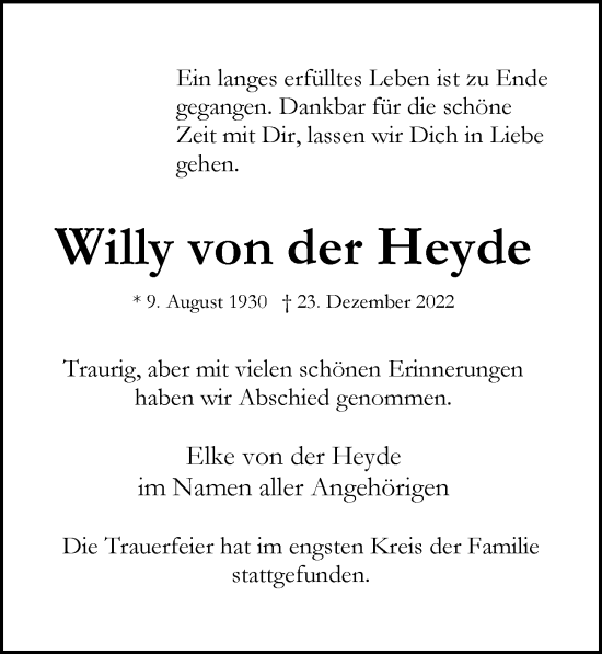 Traueranzeige von Willy von der Heyde von Hamburger Abendblatt