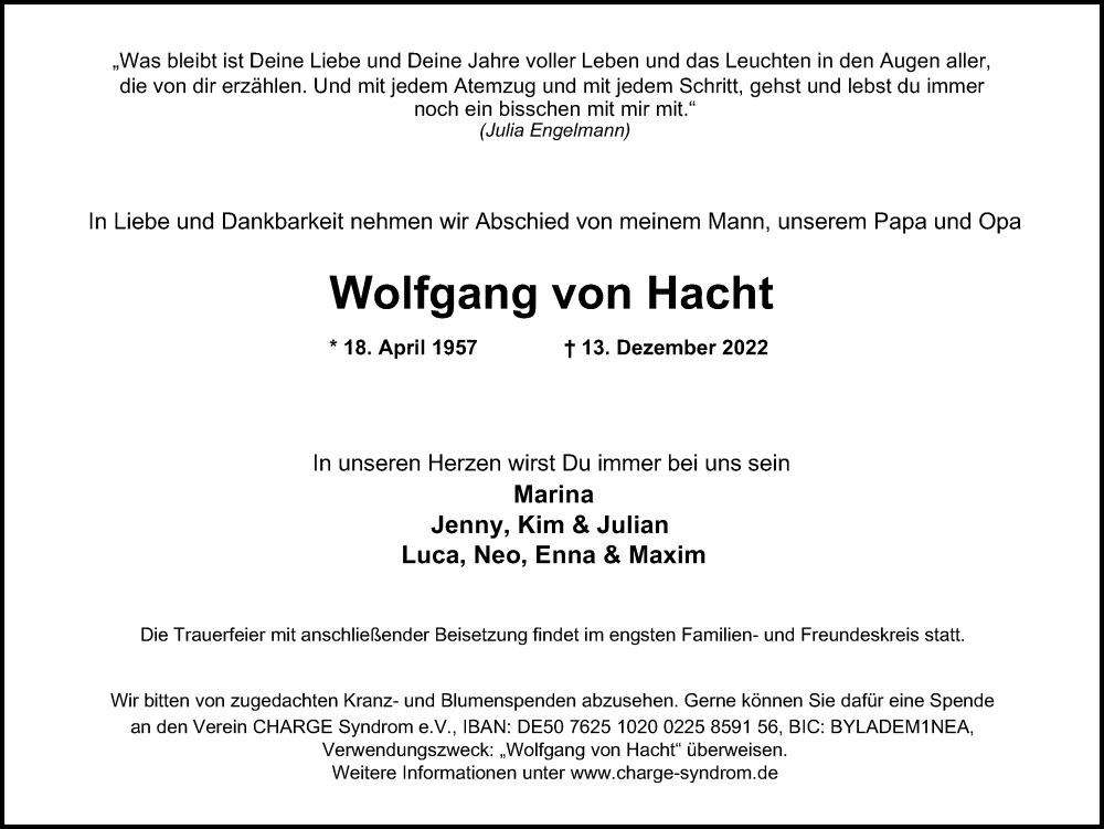  Traueranzeige für Wolfgang von Hacht vom 07.01.2023 aus Hamburger Abendblatt