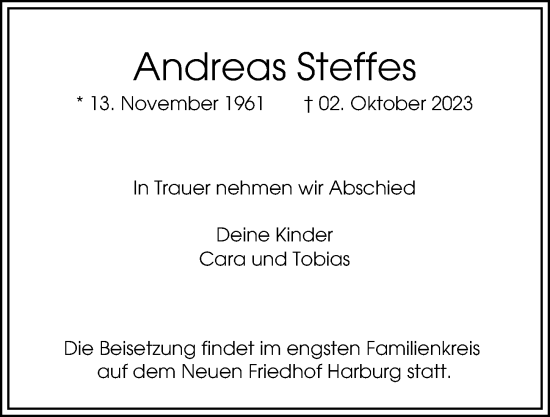 Traueranzeige von Andreas Steffes von Hamburger Abendblatt