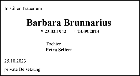 Traueranzeige von Barbara Brunnarius von Hamburger Abendblatt