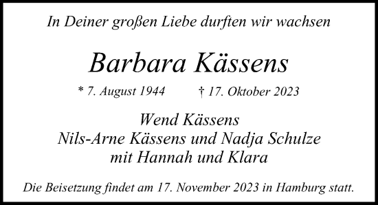 Traueranzeige von Barbara Kässens von Hamburger Abendblatt