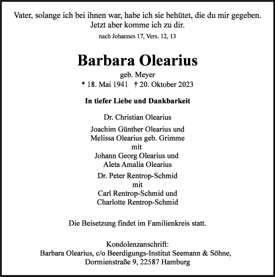 Traueranzeige von Barbara Olearius von Hamburger Abendblatt