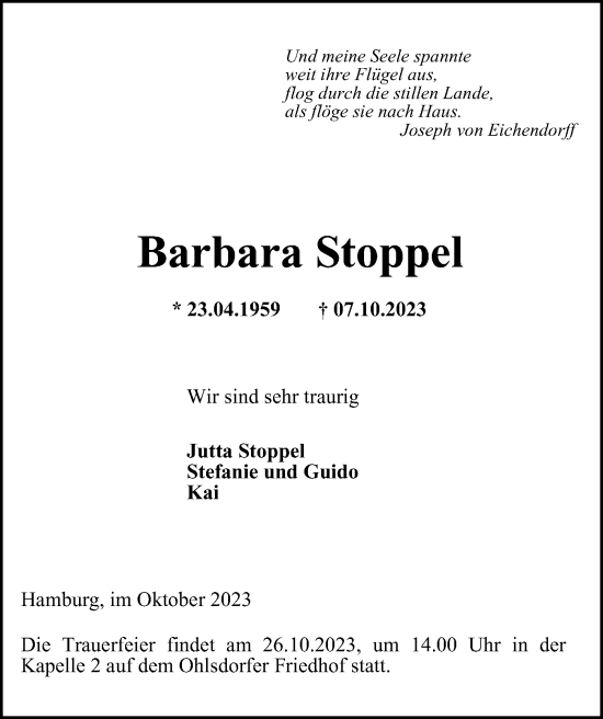 Traueranzeige von Barbara Stoppel von Hamburger Abendblatt