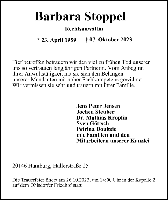 Traueranzeige von Barbara Stoppel von Hamburger Abendblatt