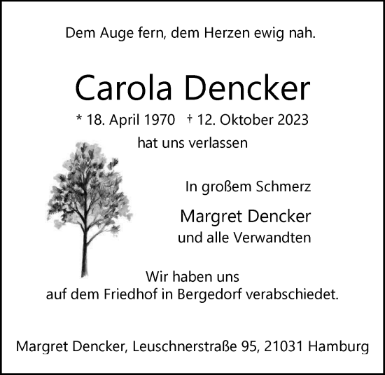 Traueranzeige von Carola Dencker von Bergedorfer Zeitung