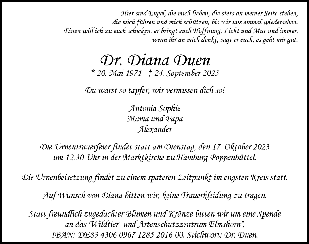  Traueranzeige für Diana Duen vom 14.10.2023 aus Hamburger Abendblatt