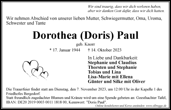 Traueranzeige von Dorothea Paul von Bergedorfer Zeitung